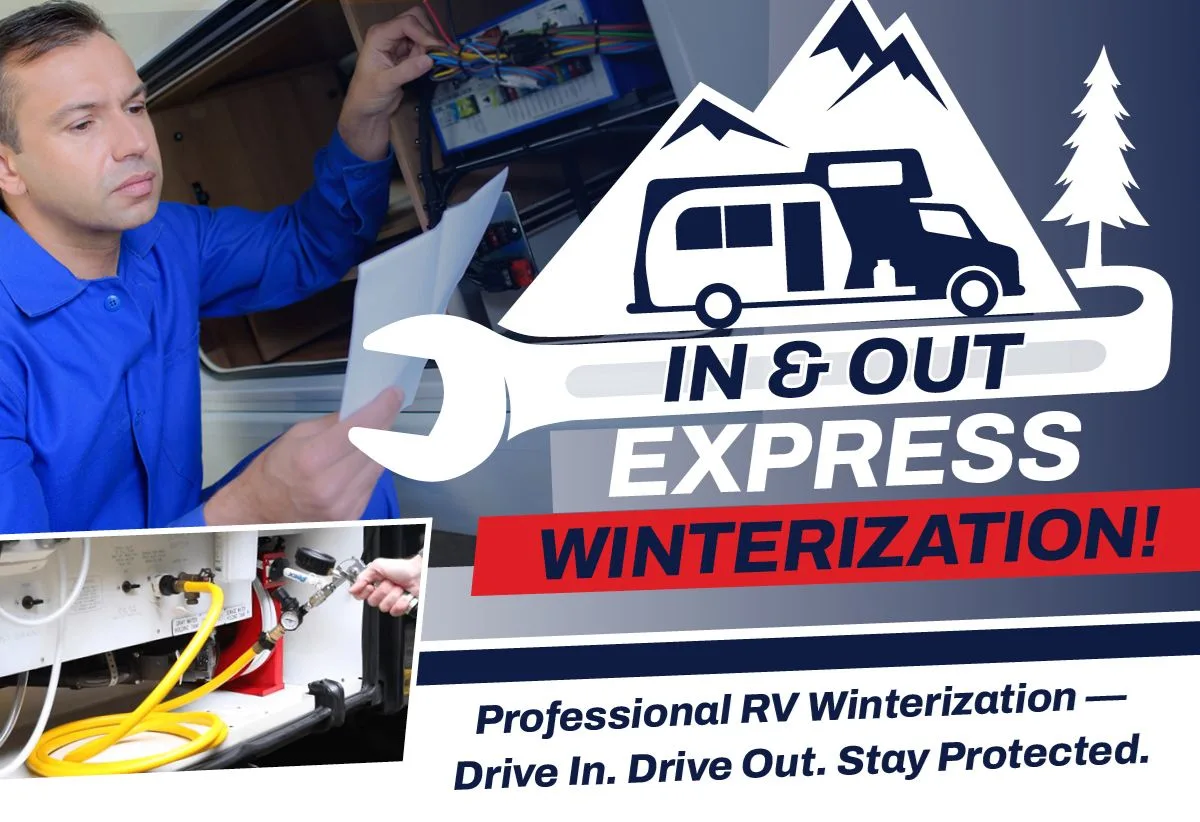 In & Out Express Winterization: professional RV winterization, drive in, drive out, stay protected
